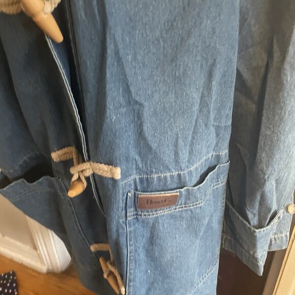 Vintage Denim & Co Duffle Chore Coat Womens 2XL Hooded 90s Long Blue Denim Togs - Picture 9 of 15